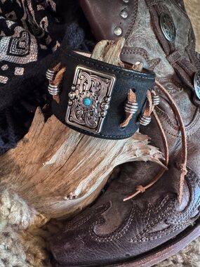 OOAK Artisan Genuine Leather Western Cuff Bracelet with Turquoise Accent